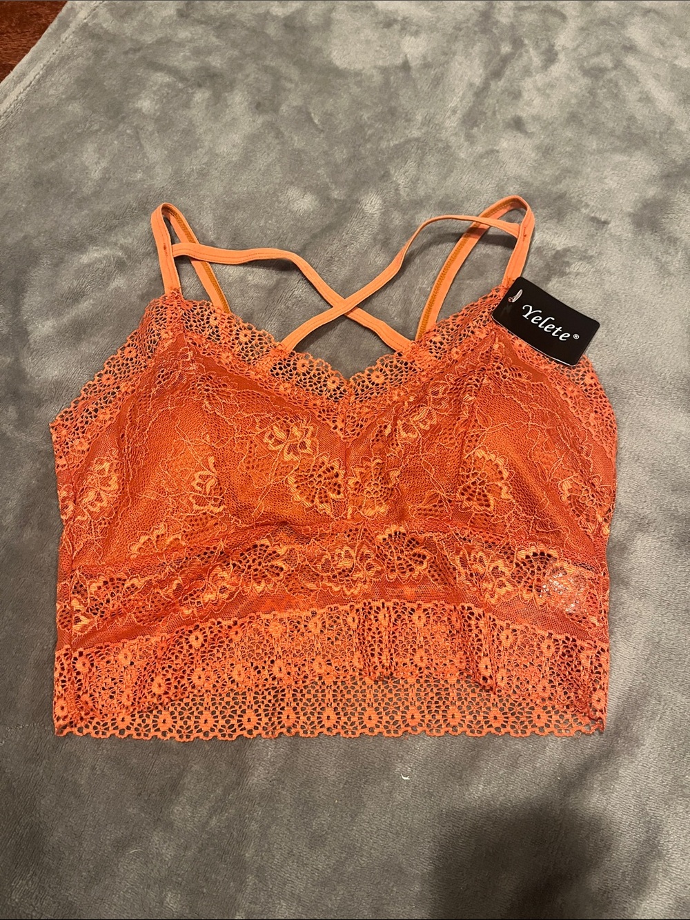 Yelete Orange Floral Lace Bralette with Crisscross Straps